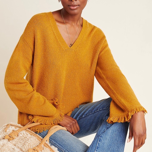 ANTHROPOLOGIE Joy Fringed‎ V-Neck Sweater Maize
